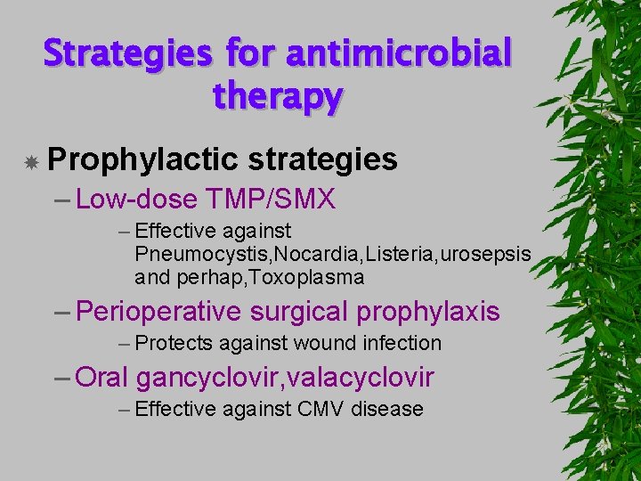 Strategies for antimicrobial therapy Prophylactic strategies – Low-dose TMP/SMX – Effective against Pneumocystis, Nocardia,