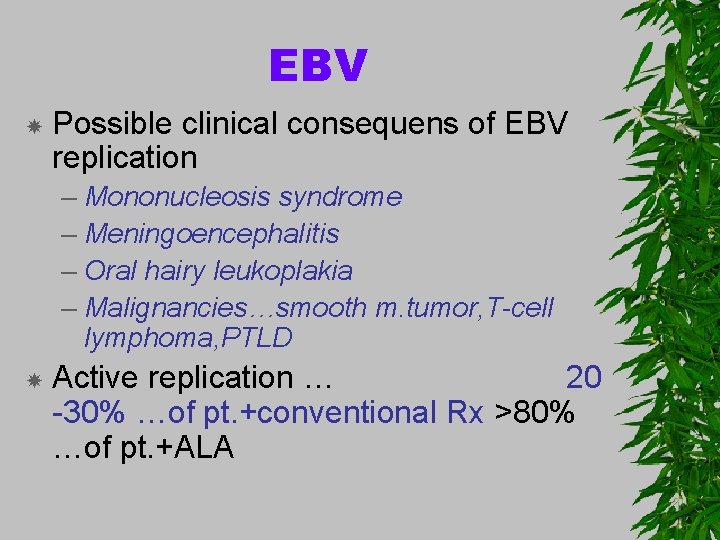 EBV Possible clinical consequens of EBV replication – Mononucleosis syndrome – Meningoencephalitis – Oral