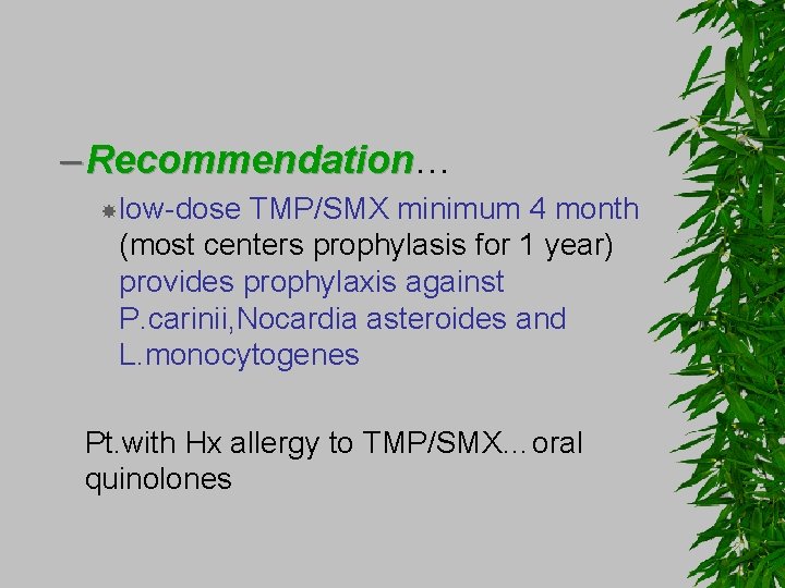 – Recommendation… Recommendation low-dose TMP/SMX minimum 4 month (most centers prophylasis for 1 year)