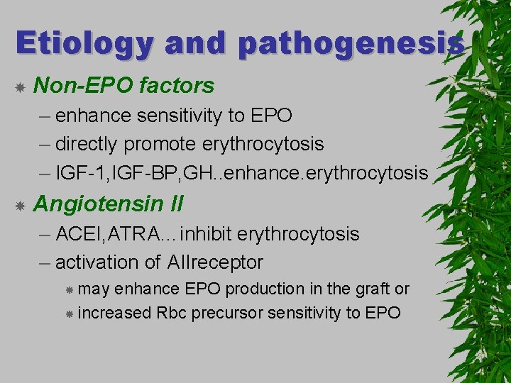 Etiology and pathogenesis Non-EPO factors – enhance sensitivity to EPO – directly promote erythrocytosis