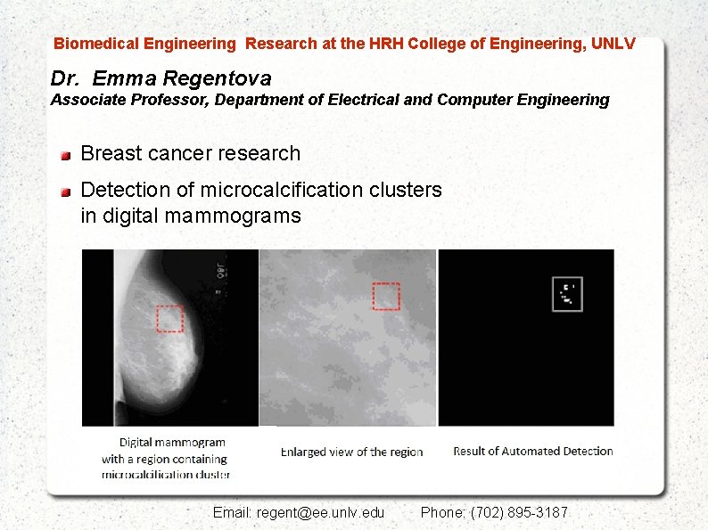  Biomedical Engineering Research at the HRH College of Engineering, UNLV Dr. Emma Regentova