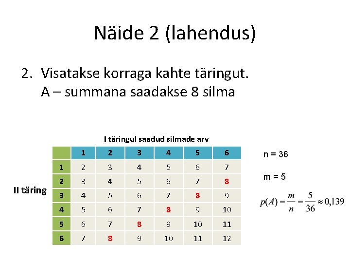 Näide 2 (lahendus) 2. Visatakse korraga kahte täringut. A – summana saadakse 8 silma