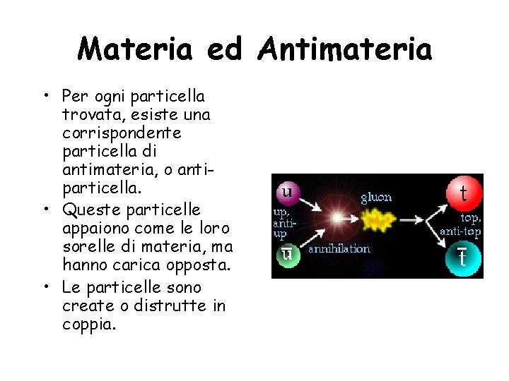 Materia ed Antimateria • Per ogni particella trovata, esiste una corrispondente particella di antimateria,