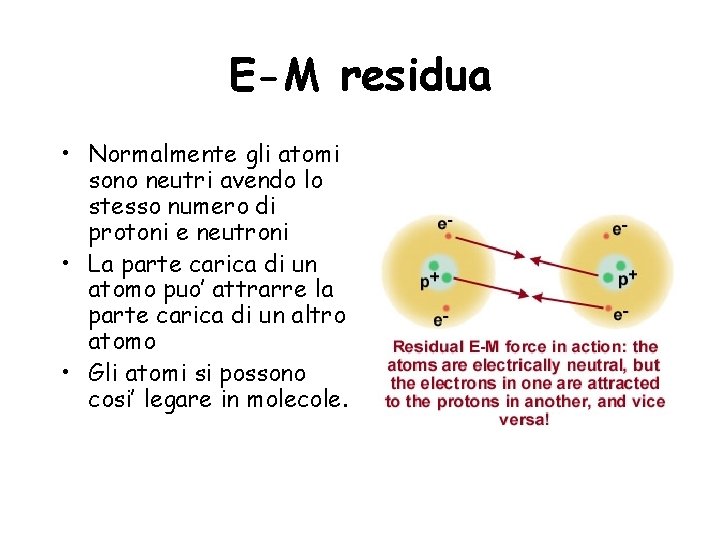 E-M residua • Normalmente gli atomi sono neutri avendo lo stesso numero di protoni