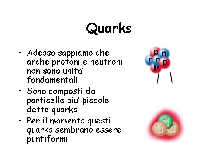 Quarks • Adesso sappiamo che anche protoni e neutroni non sono unita’ fondamentali •