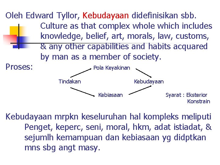  Oleh Edward Tyllor, Kebudayaan didefinisikan sbb. Culture as that complex whole which includes