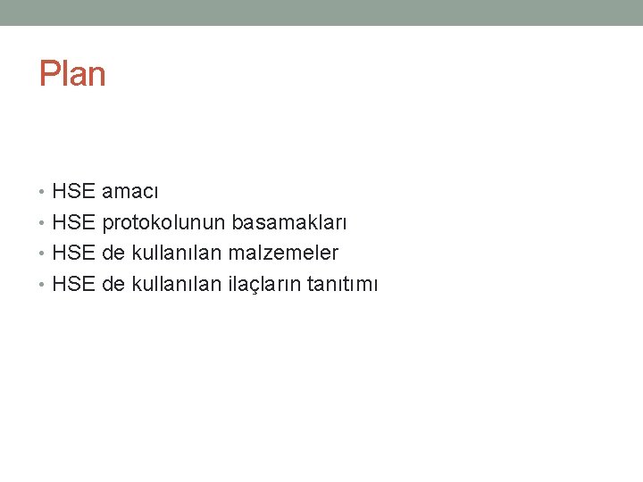 Plan • HSE amacı • HSE protokolunun basamakları • HSE de kullanılan malzemeler •