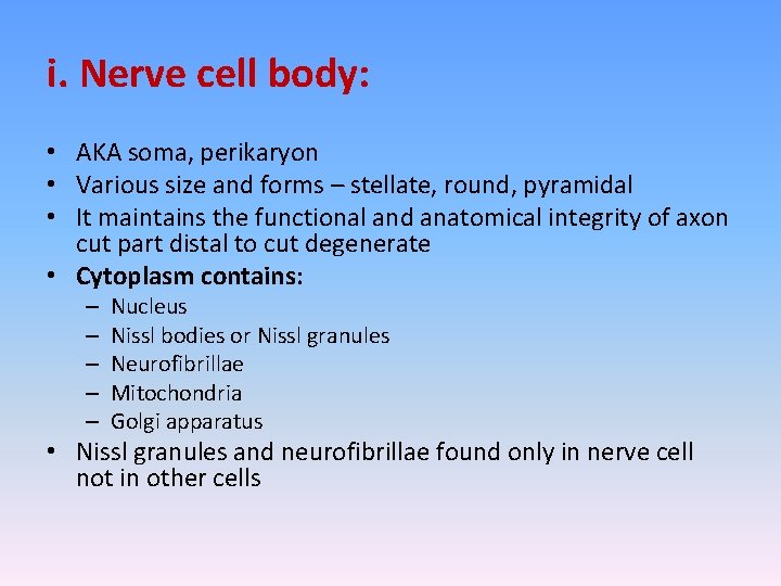 i. Nerve cell body: • AKA soma, perikaryon • Various size and forms –