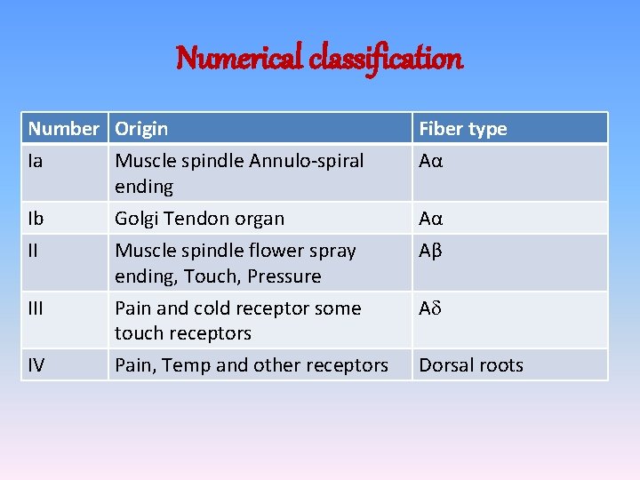 Numerical classification Number Origin Ia Muscle spindle Annulo-spiral ending Fiber type Aα Ib Golgi