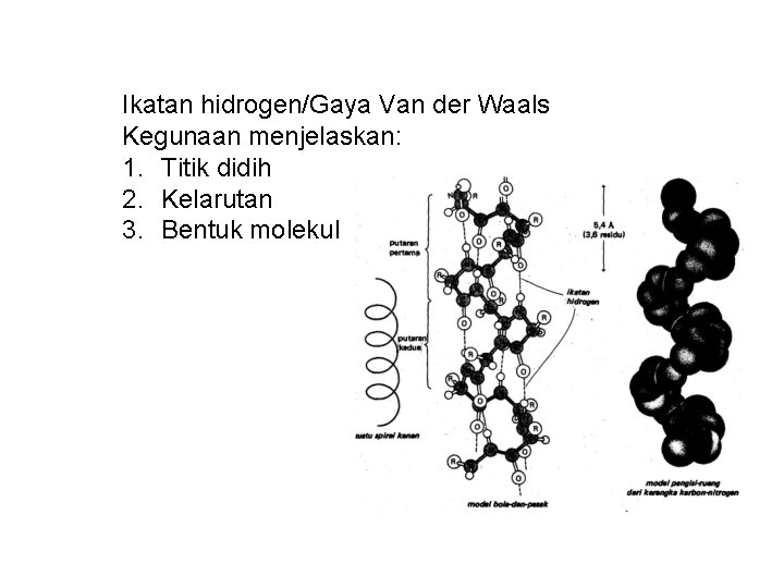 Ikatan hidrogen/Gaya Van der Waals Kegunaan menjelaskan: 1. Titik didih 2. Kelarutan 3. Bentuk
