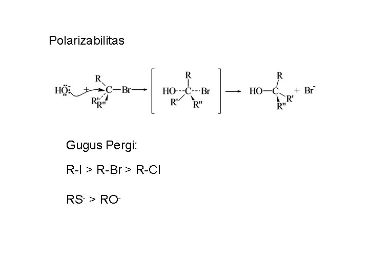 Polarizabilitas Gugus Pergi: R-I > R-Br > R-Cl RS- > RO- 