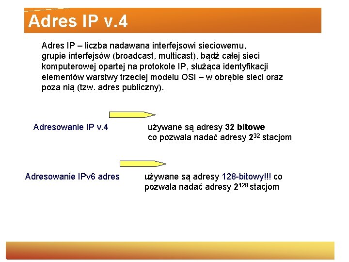 Adres IP v. 4 Adres IP – liczba nadawana interfejsowi sieciowemu, grupie interfejsów (broadcast,
