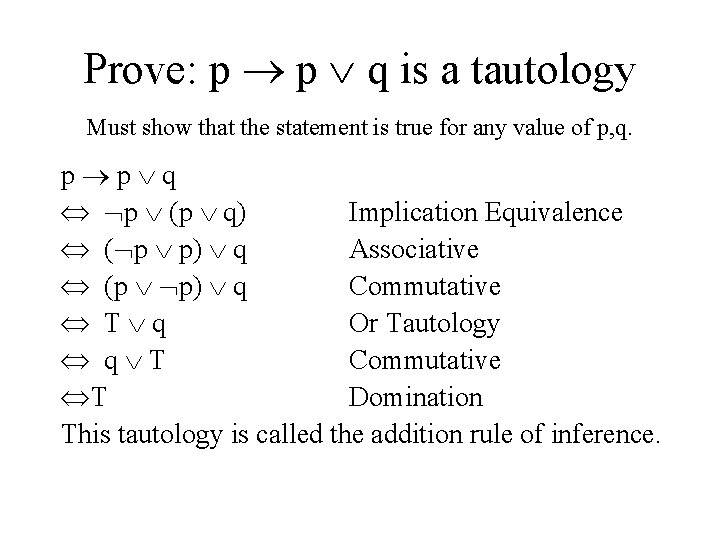 Prove: p p q is a tautology Must show that the statement is true