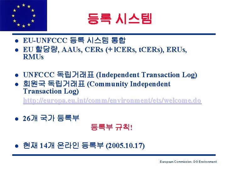 등록 시스템 l l l EU-UNFCCC 등록 시스템 통합 EU 할당량, AAUs, CERs (+