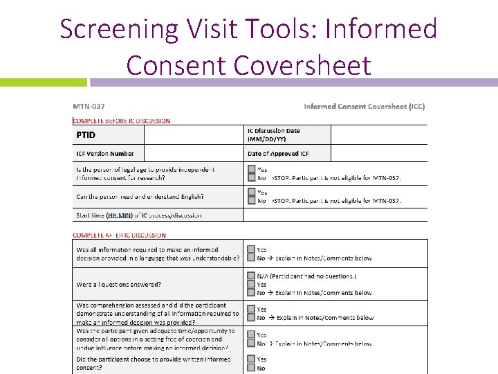Screening Visit Tools: Informed Consent Coversheet 