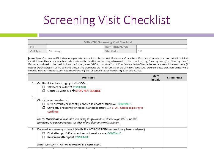 Screening Visit Checklist 