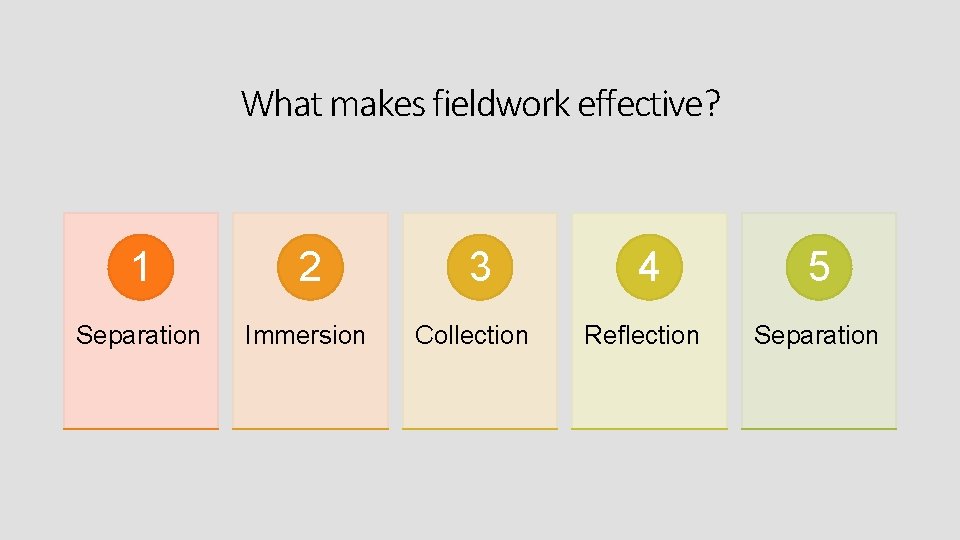 What makes fieldwork effective? 1 2 Separation Immersion 3 Collection 4 5 Reflection Separation