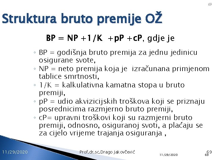 69 Struktura bruto premije OŽ BP = NP +1/K +p. P +c. P, gdje