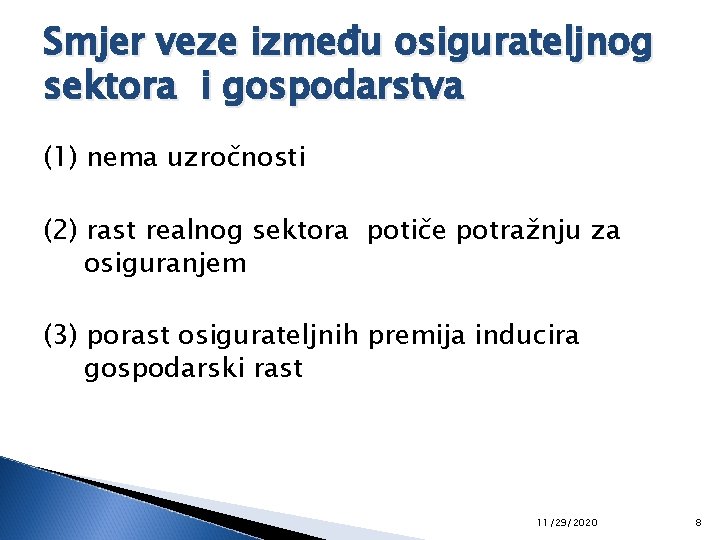 Smjer veze između osigurateljnog sektora i gospodarstva (1) nema uzročnosti (2) rast realnog sektora