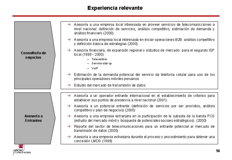 Experiencia relevante à Asesoría a una empresa local interesada en proveer servicios de telecomunicciones