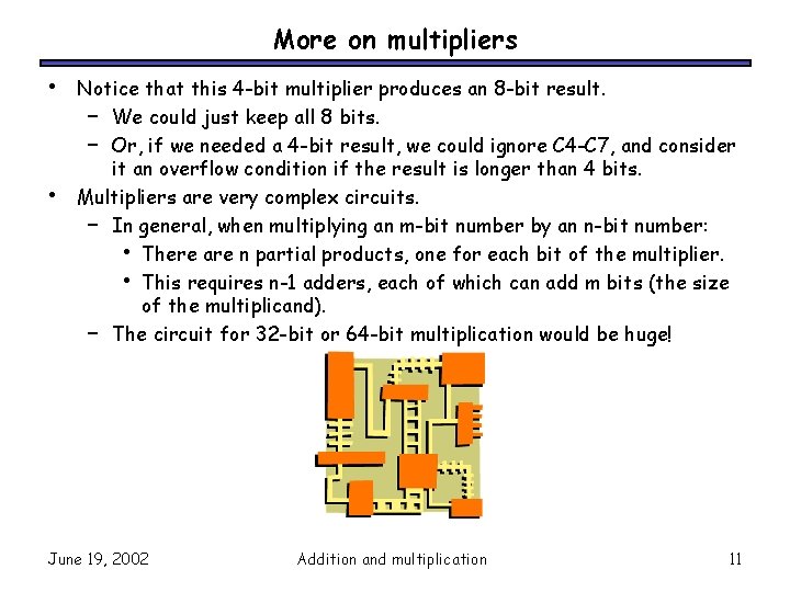 More on multipliers • • Notice that this 4 -bit multiplier produces an 8