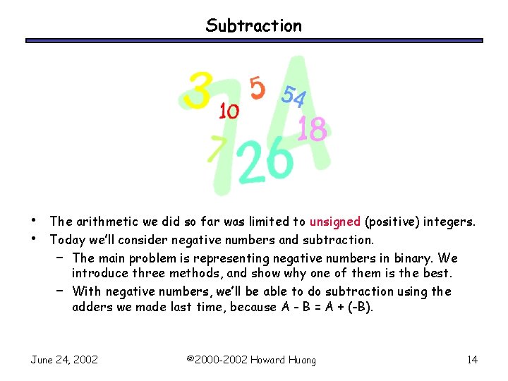 Subtraction • • The arithmetic we did so far was limited to unsigned (positive)