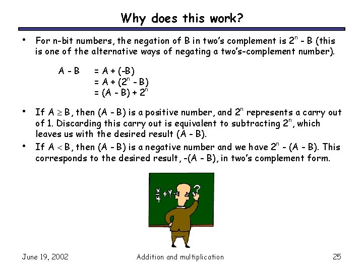 Why does this work? • For n-bit numbers, the negation of B in two’s