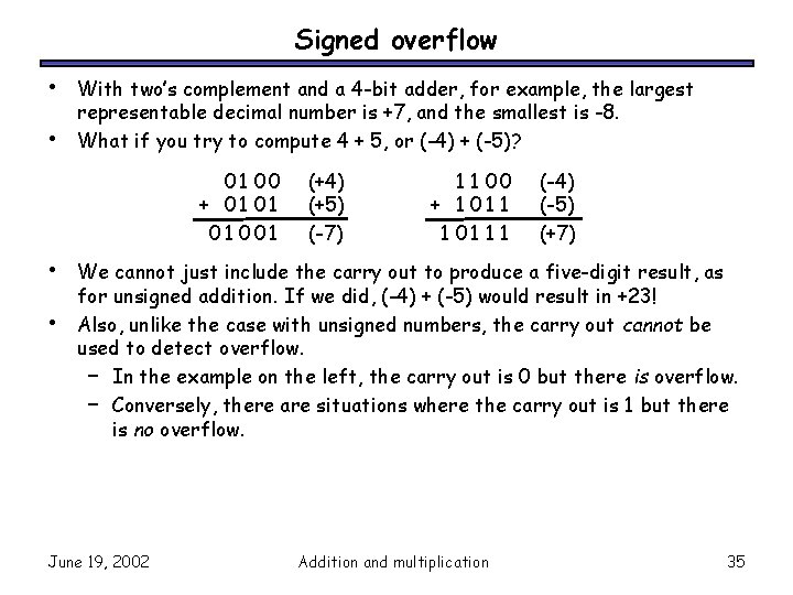 Signed overflow • • With two’s complement and a 4 -bit adder, for example,