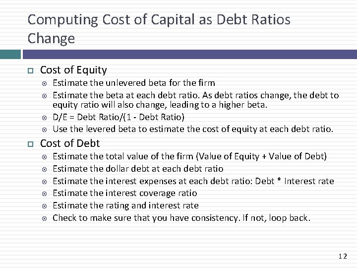 Computing Cost of Capital as Debt Ratios Change Cost of Equity Estimate the unlevered
