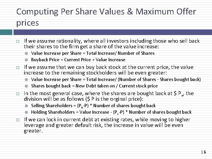 Computing Per Share Values & Maximum Offer prices If we assume rationality, where all