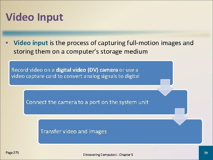 Video Input • Video input is the process of capturing full-motion images and storing