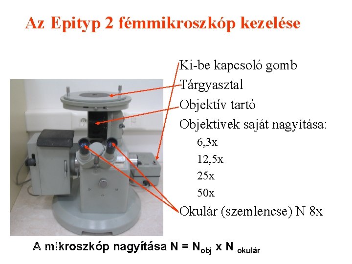 Az Epityp 2 fémmikroszkóp kezelése Ki-be kapcsoló gomb Tárgyasztal Objektív tartó Objektívek saját nagyítása: