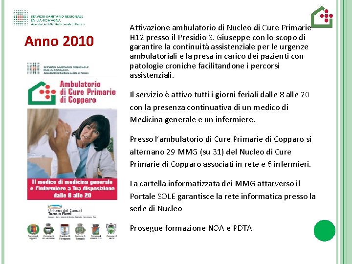 Anno 2010 Attivazione ambulatorio di Nucleo di Cure Primarie H 12 presso il Presidio