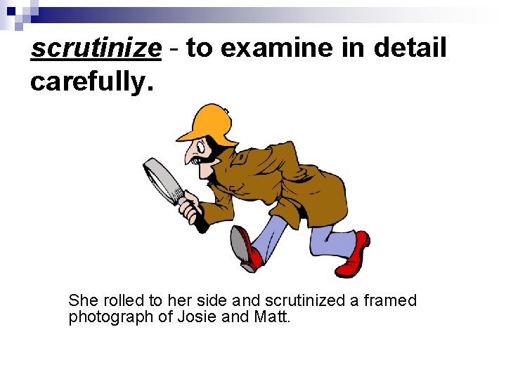 scrutinize - to examine in detail carefully. She rolled to her side and scrutinized
