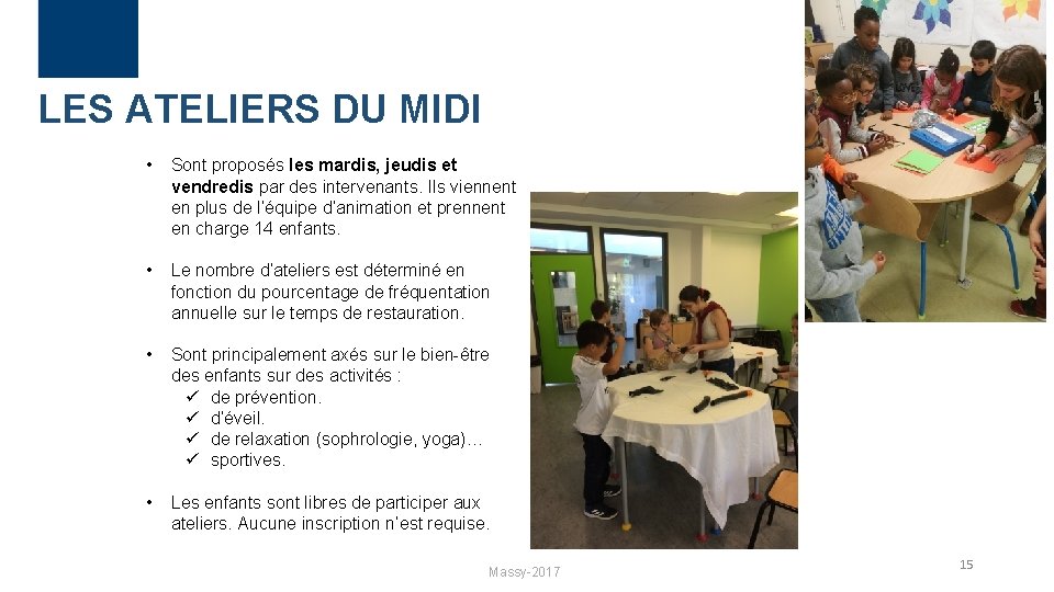 LES ATELIERS DU MIDI • Sont proposés les mardis, jeudis et vendredis par des