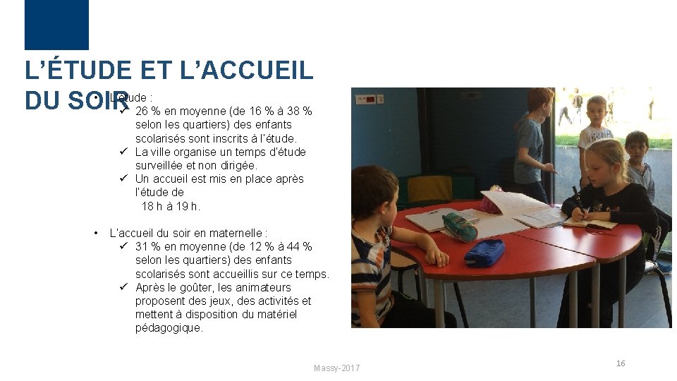 L’ÉTUDE ET L’ACCUEIL • L’étude : DU SOIR ü 26 % en moyenne (de