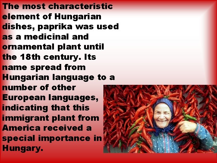 The most characteristic element of Hungarian dishes, paprika was used as a medicinal and