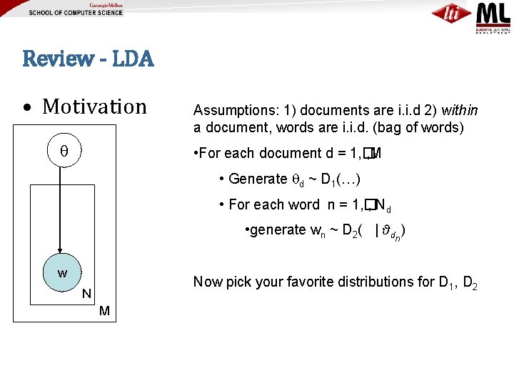 Review - LDA • Motivation Assumptions: 1) documents are i. i. d 2) within