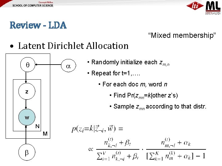 Review - LDA “Mixed membership” • Latent Dirichlet Allocation • Randomly initialize each zm,