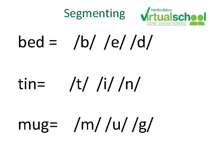 Segmenting bed = /b/ /e/ /d/ tin= /t/ /i/ /n/ mug= /m/ /u/ /g/ Segmenting bed = /b/ /e/ /d/ tin= /t/ /i/ /n/ mug= /m/ /u/ /g/