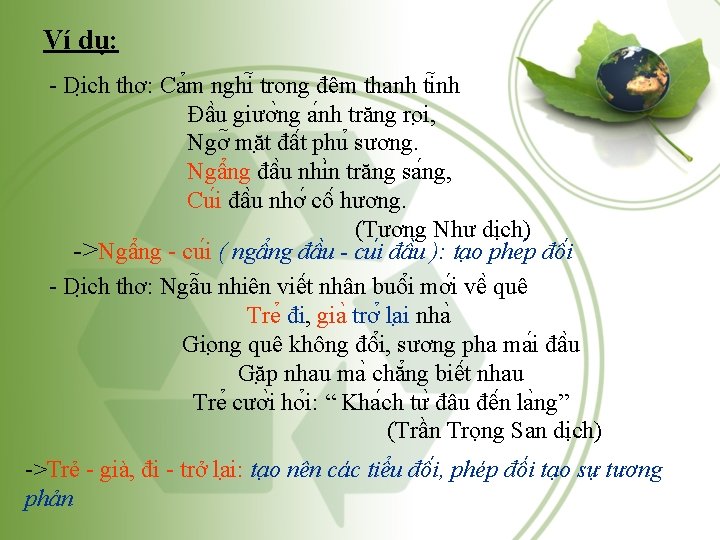 Ví dụ: - Di ch thơ: Ca m nghi trong đêm thanh ti nh Ví dụ: - Di ch thơ: Ca m nghi trong đêm thanh ti nh