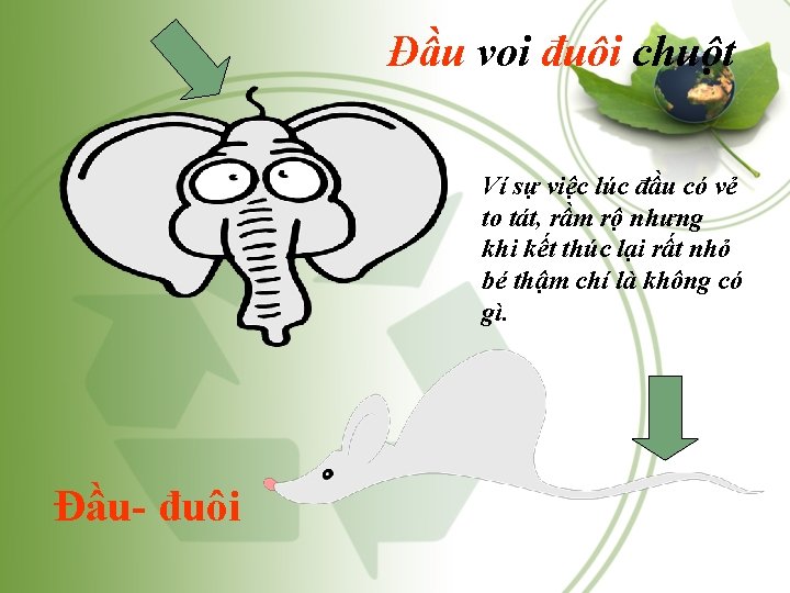 Đầu voi đuôi chuột Ví sự việc lúc đầu có vẻ to tát, rầm Đầu voi đuôi chuột Ví sự việc lúc đầu có vẻ to tát, rầm