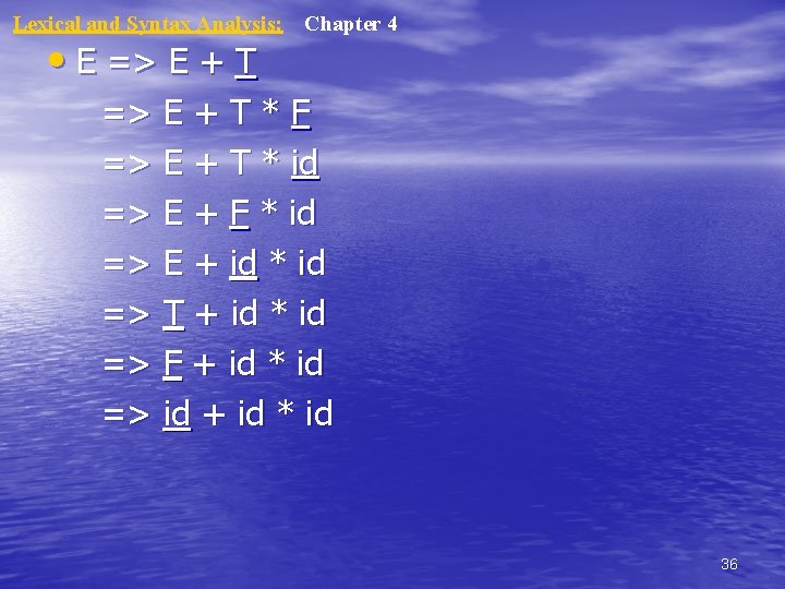 Lexical and Syntax Analysis: • E => E + T Chapter 4 => E