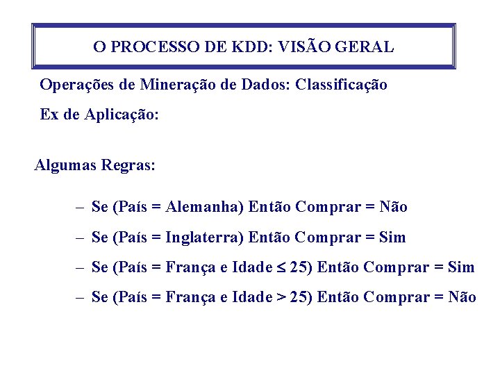 O PROCESSO DE KDD: VISÃO GERAL Operações de Mineração de Dados: Classificação Ex de