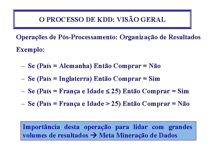 O PROCESSO DE KDD: VISÃO GERAL Operações de Pós-Processamento: Organização de Resultados Exemplo: –