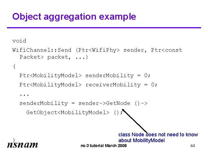 Object aggregation example void Wifi. Channel: : Send (Ptr<Wifi. Phy> sender, Ptr<const Packet> packet,