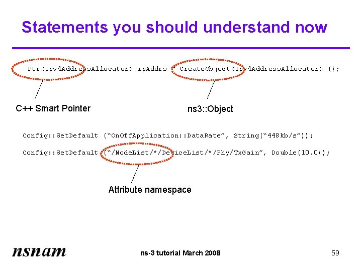Statements you should understand now Ptr<Ipv 4 Address. Allocator> ip. Addrs = Create. Object<Ipv