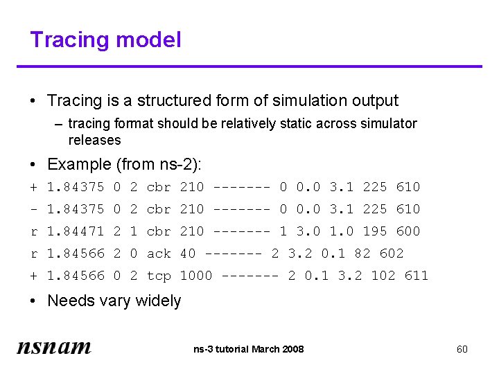 Tracing model • Tracing is a structured form of simulation output – tracing format