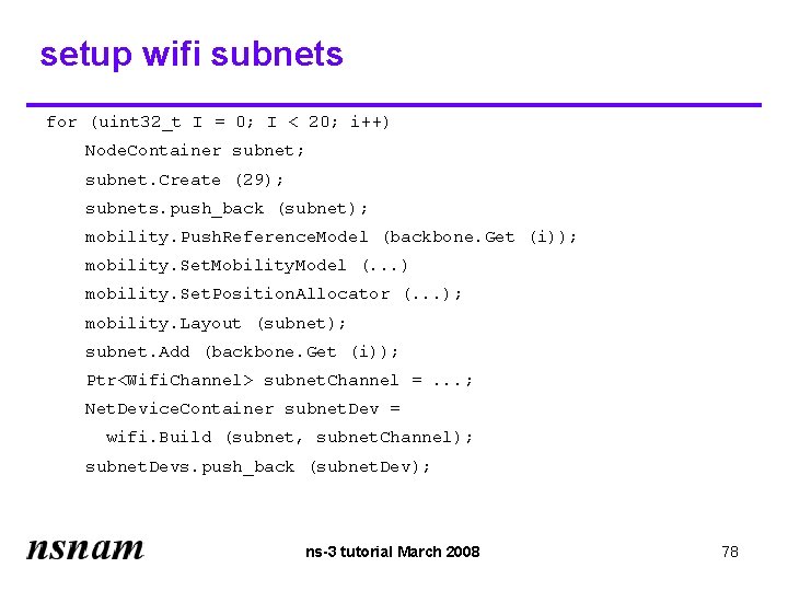 setup wifi subnets for (uint 32_t I = 0; I < 20; i++) Node.