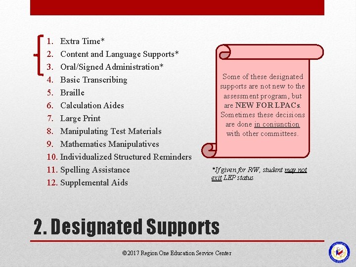 1. Extra Time* 2. Content and Language Supports* 3. Oral/Signed Administration* 4. Basic Transcribing 1. Extra Time* 2. Content and Language Supports* 3. Oral/Signed Administration* 4. Basic Transcribing